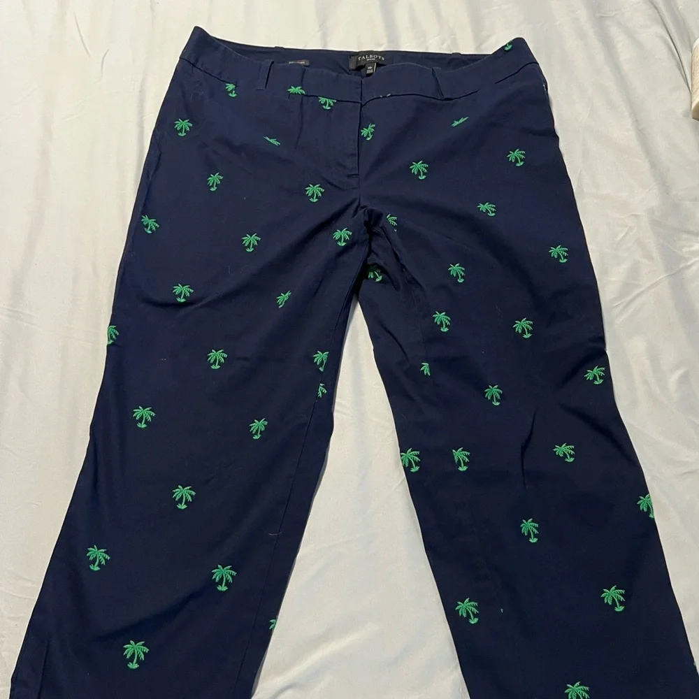 Talbots Navy Capri Pants with Green Embroidered Palm Trees - Picture 1 of 4